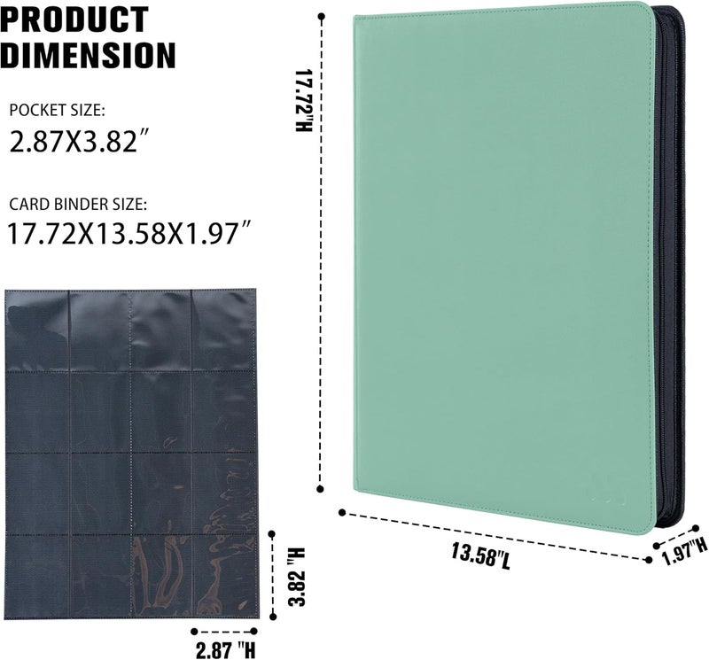 MORABTO Card Binder 16 Pocket,Trading Card Binder Holds up to 1408 Cards with 44 Sleeves,Zipper Card Holder Album Compatible with TCG Card/Game Cards/Sports Card-Light green - Image 2